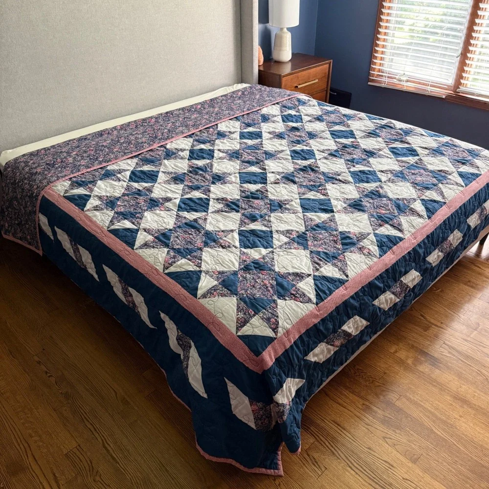 Vintage Handmade Star Patchwork Quilt Navy Pink Floral 100x101 King Queen 1999